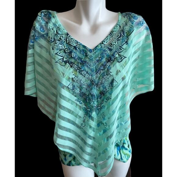 World Unity Top Set / 2 Piece / Mint Green Blue Tank with Cape Poncho / XS - Picture 2 of 8